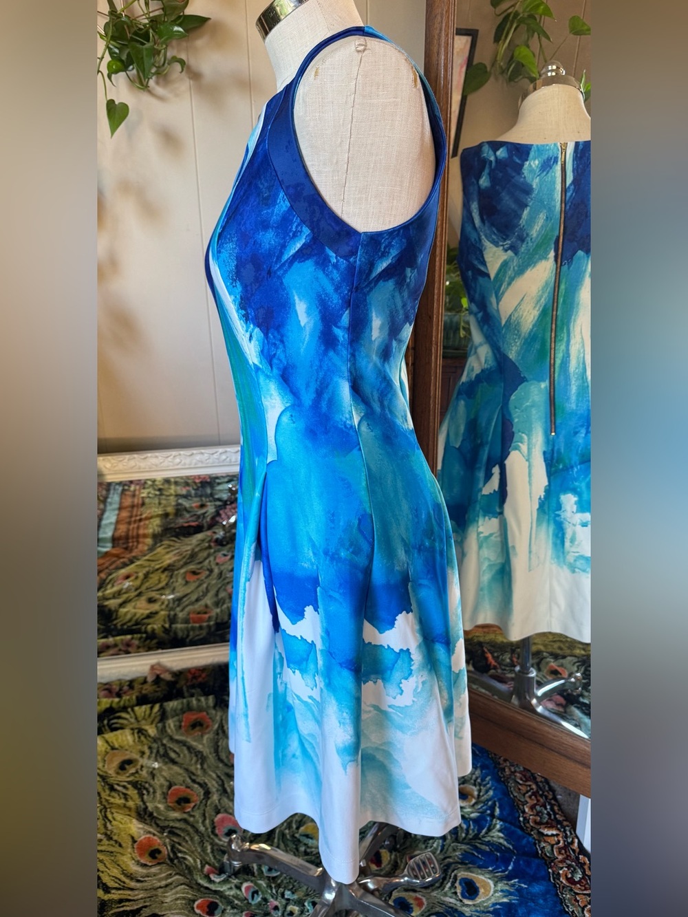 Dressbarn Sleeveless Blue Watercolor Fit-and-Flare Dress, size 12 - Picture 6 of 10